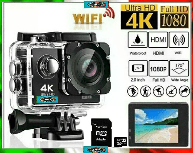 4K Sports Ultra HD DV Action Cam 4K Ultra HD WiFi Waterproof Sport Camera con MicroSD 32GB e Accessori