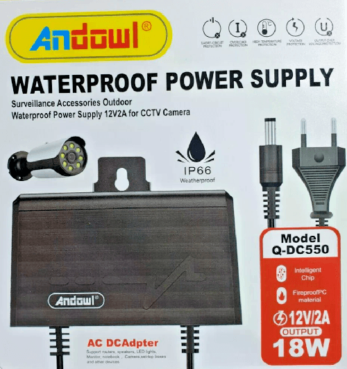 ANDOWL Alimentatore Impermeabile 12V 2A per Telecamere CCTV IP66, 18W Sicuro Affidabile