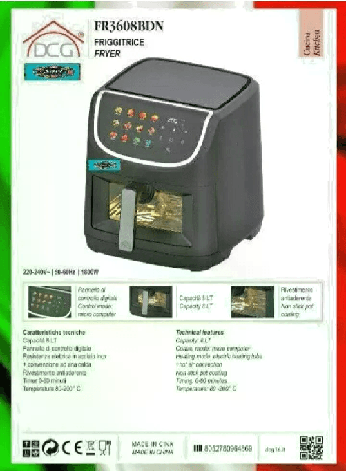 DCG Friggitrice ad Aria 8L Digitale 1800W Cottura Senza Olio Antiaderente Timer 60mi