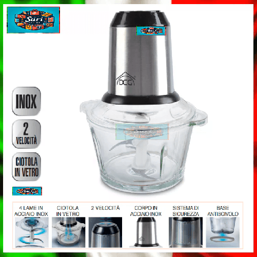 Tritatutto Sminuzza Mescola Bicchiere Vetro 1,5 lt - 2 Velocità - 4 Lame Inox -