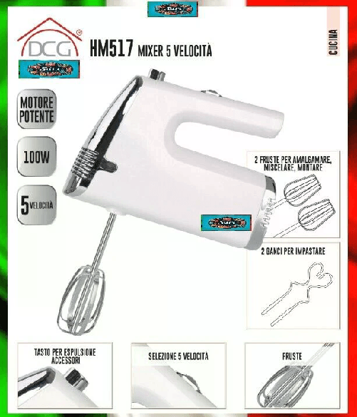 DCG Sbattitore elettrico miscela monta impasta 5 velocità 2 fruste 2 ganci 100W