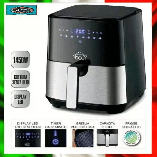 DCG Friggitrice ad aria 5 litri digitale touch screen, cottura senza olio, 1450W