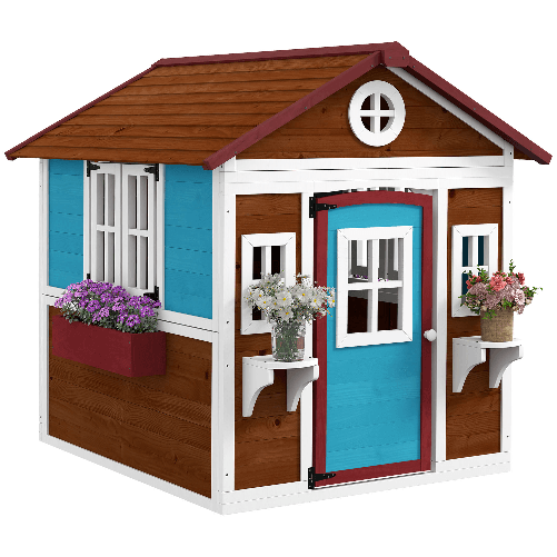 Outsunny Casetta per Bambini 3-8 Anni con Tetto Inclinabile, Vasi e Fioriere, in Legno di Abete, 114x126