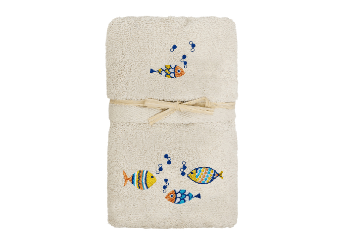 BIANCHERIAWEB Set Asciugamano Copiola Salvietta Bagno Spugna 100% Cotone Pesciolini Colorati Colore Panna,Misura Copiola