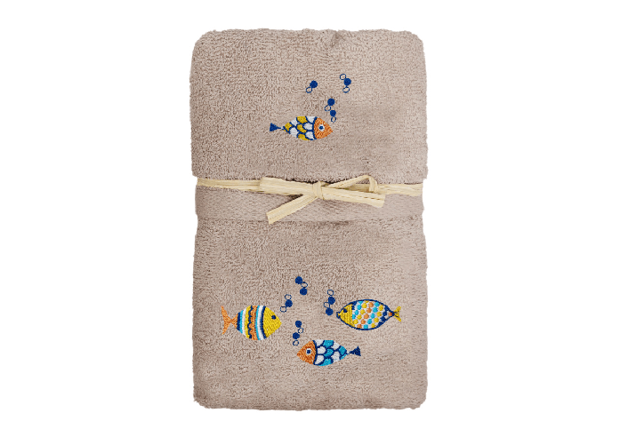 BIANCHERIAWEB Set Asciugamano Copiola Salvietta Bagno Spugna 100% Cotone Pesciolini Colorati Colore Tortora,Misura Copiola