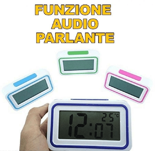 SHOPPING IN RETE SVEGLIA OROLOGIO DIGITALE SCHERMO LCD PARLANTE TASTO AUDIO ITALIANO PER IPOVEDENTI