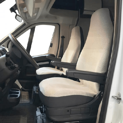 Coprisedili anteriori personalizzati Fiat Ducato camper 06> tess. misto cotone piombo/crema
