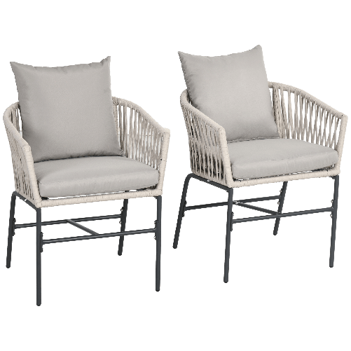 Outsunny Set 2 Sedie da Giardino in Stile Boho con Rivestimento in Corda e Cuscini Imbottiti, Grigio