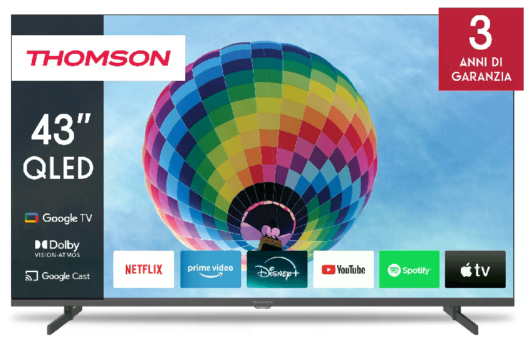 Thomson TV QLED 43 Pollici Google TV HDR Triple Tuner Smart 4K Ultra HD Televisore THOMSON Tv 43 Thomson Uhd Smart 4K Qled T2/C2S2 Google Tv