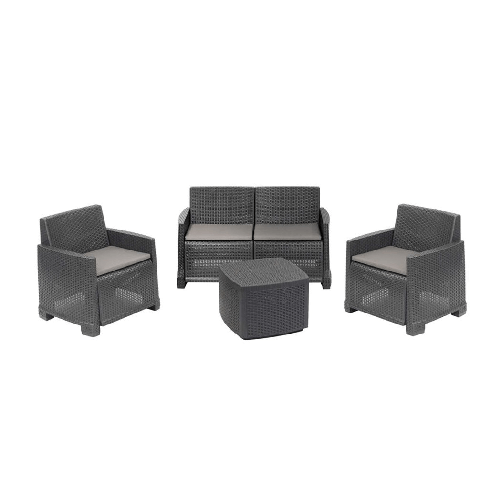 TrAdE Shop Traesio Set Salotto Como Effetto Rattan Intrecciato Con Divano Poltrone Tavolino Contenitore - Colore Antracite