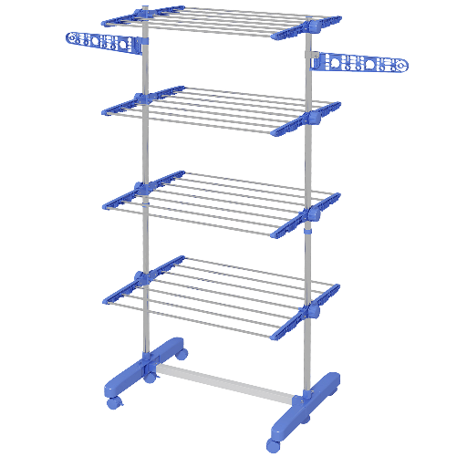 HOMCOM Stendino Verticale con 4 Ripiani Regolabili, in Acciaio e Plastica, 142x55x172 cm, Blu e Argento