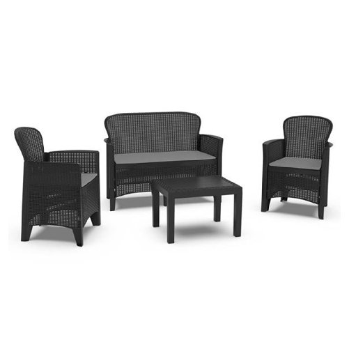 Set Salotto Giardino Divano 2 Poltrone Tavolino Cuscini Effetto Rattan Antracite 156043 -