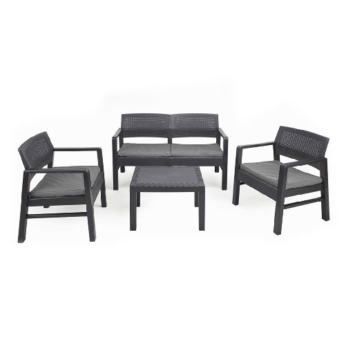 TrAdE Shop Traesio Set Salotto Giardino Esterno Con Divano 2 Poltrone Tavolino Effetto Rattan Con Cuscini - Colore Antracite