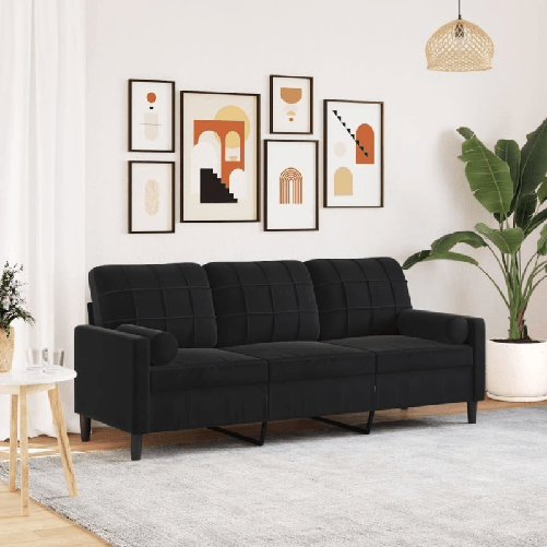 VidaXL Divano a 3 Posti con Cuscini Nero 180 cm in Velluto