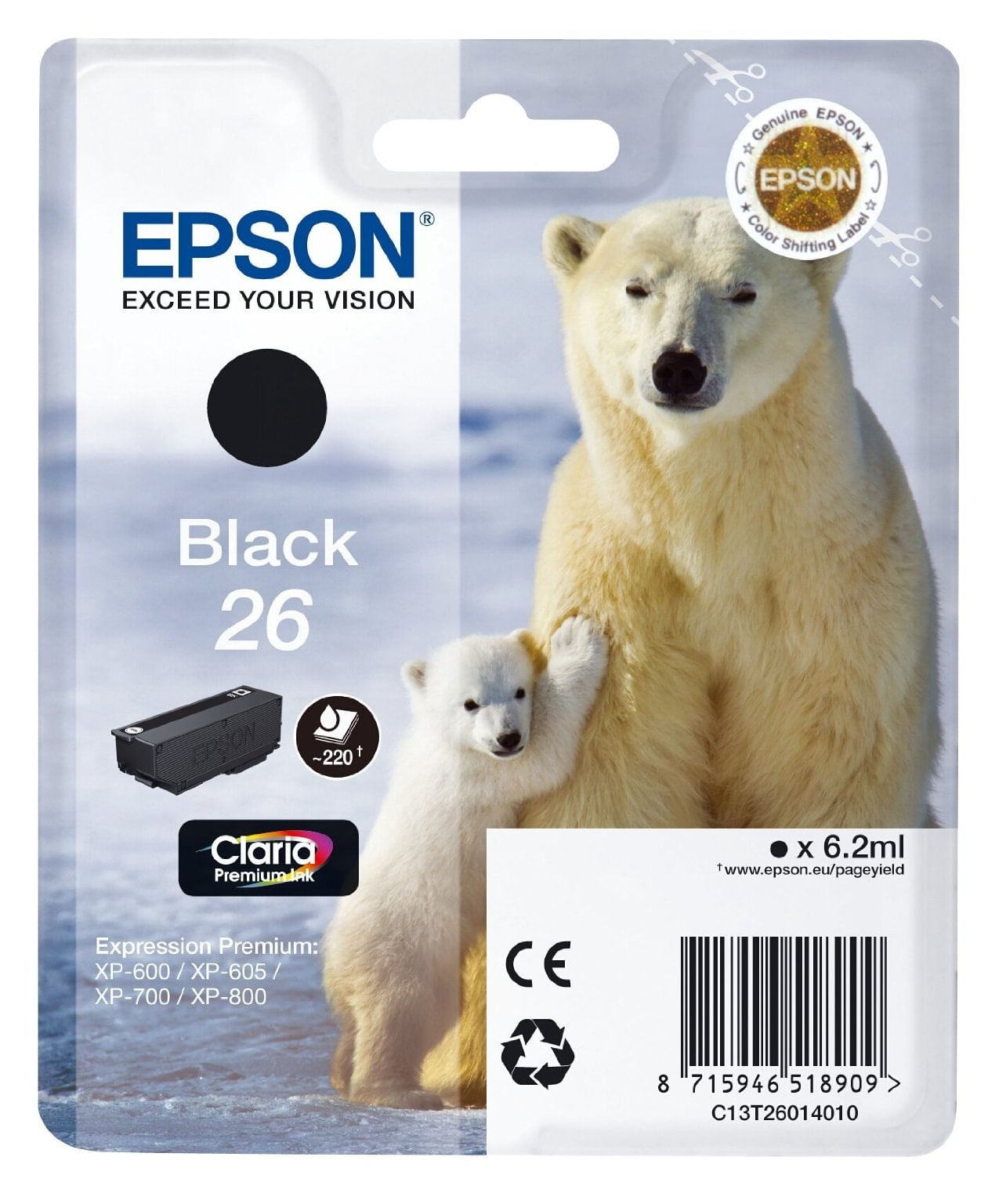Epson ORIGINALE Epson Cartuccia d'inchiostro nero C13T26014012 26 220 pagine 62ml standard Epson Polar bear Cartuccia Nero