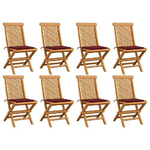 VidaXL Sedie da Giardino con Cuscini Rosso Vino 8 pz Massello di Teak