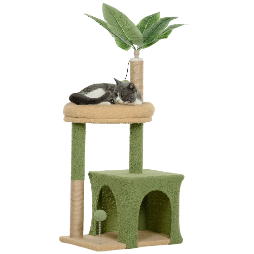 PawHut Albero Tiragraffi per Gatti con Casetta, Lettino e 2 Palline, in Legno e Poliestere, 44x30x98 cm