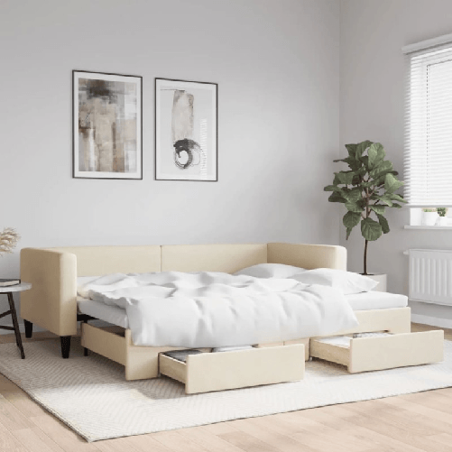 VidaXL Divano Letto Estraibile con Cassetti Crema 90x200 cm in Tessuto