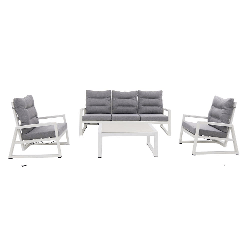 Tempo Style - Salottino 3 posti Mikonos in alluminio colore bianco tessuto grigio chiaro con schienali reclinabili e con cuscineria sfoderabile.