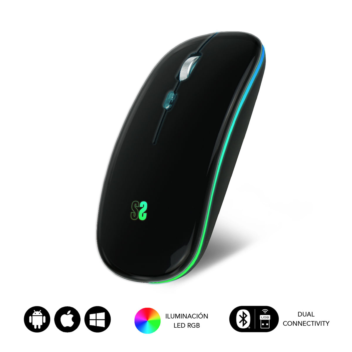 Subblim Raton LED Dual Flat - Conectividad Dual - Tecnologia Silent Click - Iluminacion LED en 7 Colores - Acabado Negro SUBBLIM SUBMO-LDFLAT1 mouse A