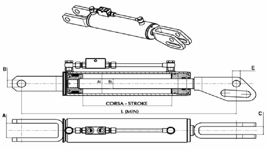 Braccio laterale idraulico lunghezza 500-660mm alesaggio 70mm
