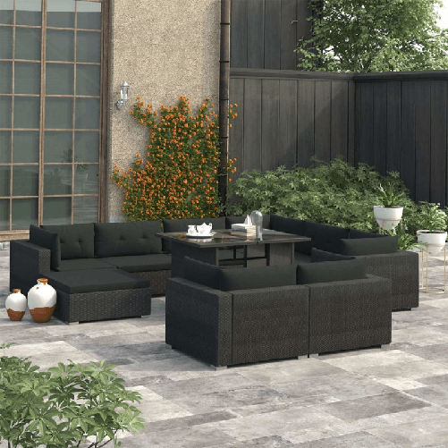 VidaXL Set Divani da Giardino 10 pz con Cuscini in Polyrattan Nero