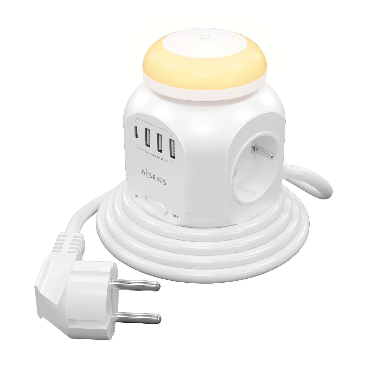 Aisens Regleta de Enchufes Sobremesa Multifuncion con 4 Tomas + 1xUSB-C - 3xUSB-A - Luz Nocturna - 1.8m - Color Blanco AISENS ASPS-3A1CL01-W prolunghe