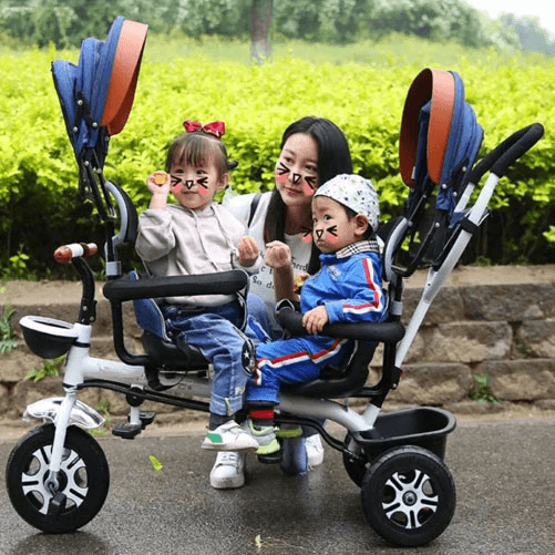 Triciclo tricygo gemellare in metallo blu per bambino