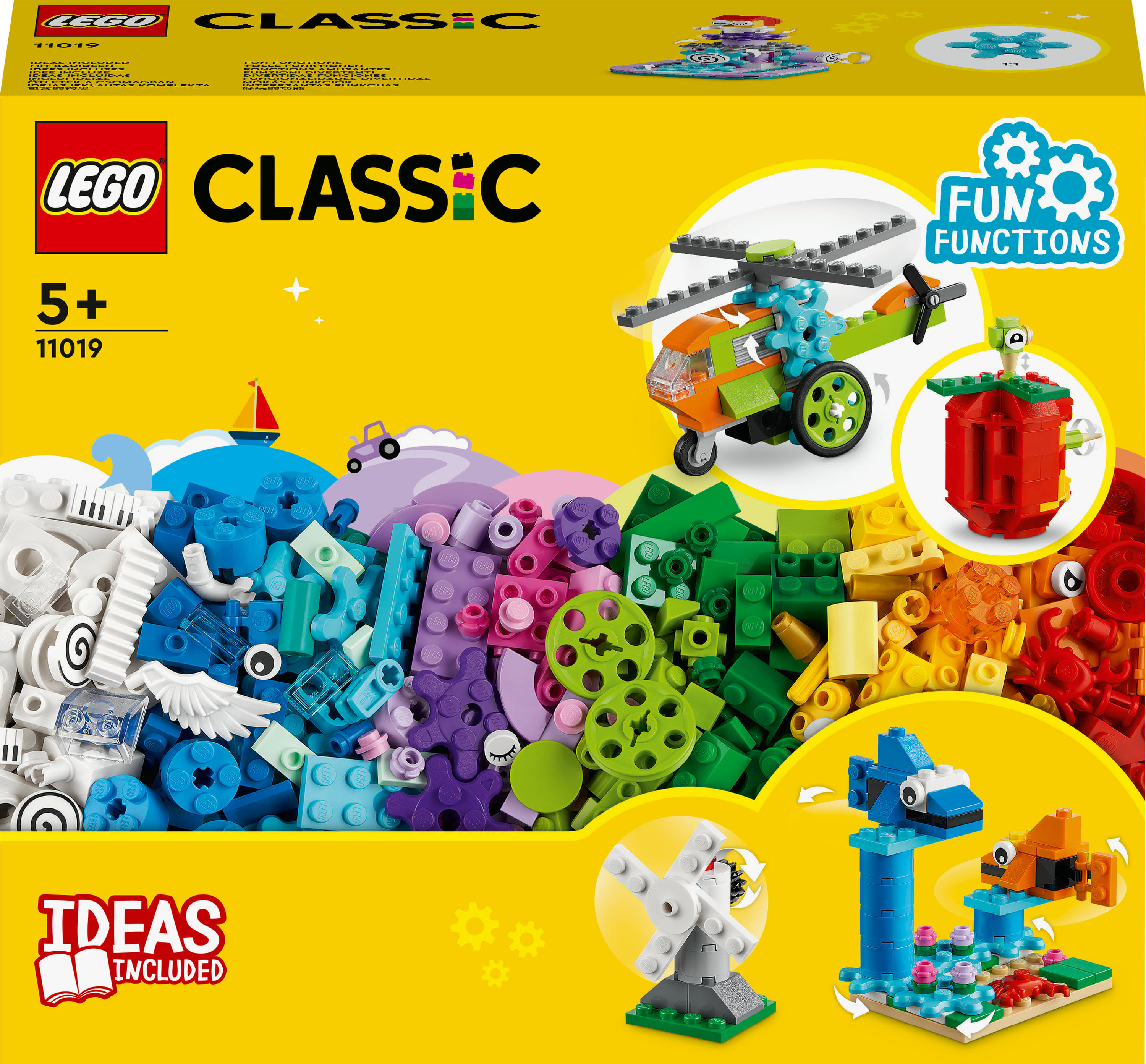 LEGO Classic 11019 Mattoncini e Funzioni, Giocattoli Creativi, 7 Mini Costruzioni con Meccanismo e Ingranaggi LEGO Classic Mattoncini e funzioni