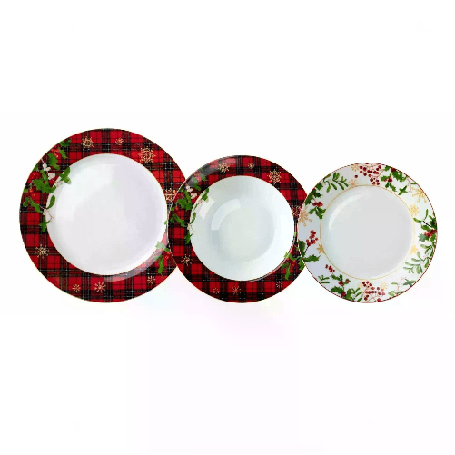 Cecaro Group Servizio Piatti Natalizi Christmas Scottish in Porcellana 18 Pezzi