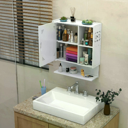 Pensile Bagno Bianco Sospeso in Legno MDF con Mobiletto e 1 Anta