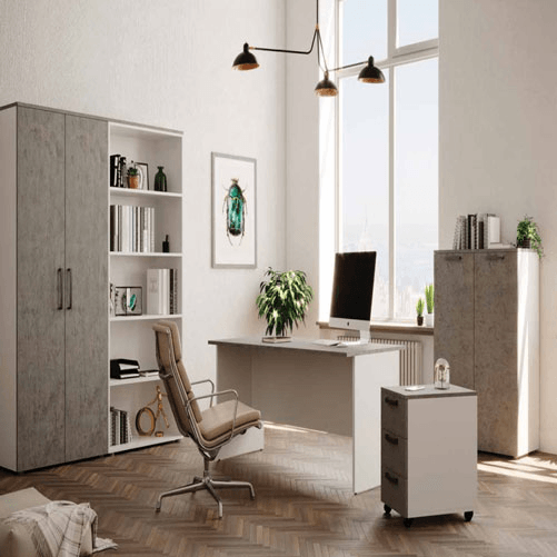 Armadio ufficio in legno con serratura. Armadietto multiuso a 2 ante cemento con ripiani, dimensioni 90x45x87 cm.