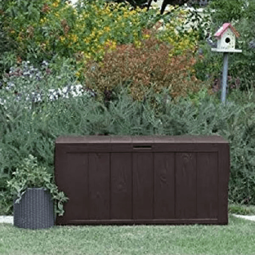 Keter Pidema:Box Keter da giardino in resina marrone. Baule porta attrezzi rinforzato