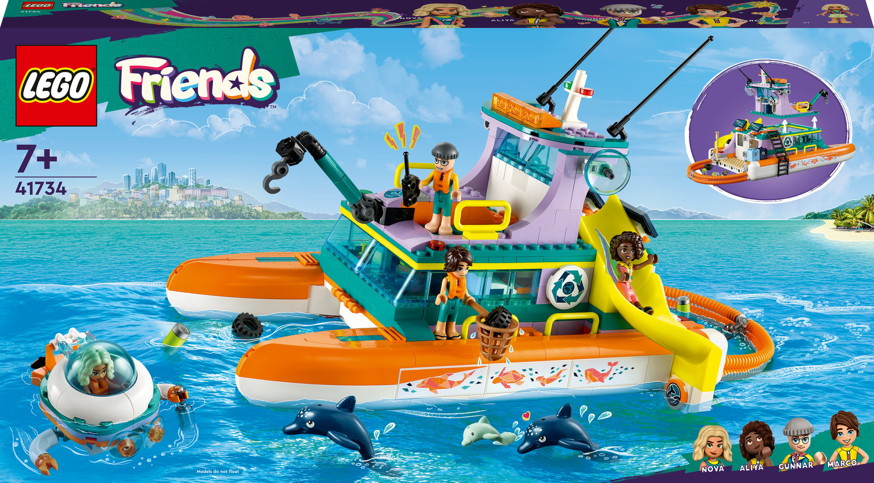 LEGO Friends 41734 Catamarano di Salvataggio, Barca Giocattolo con Animali e Sottomarino, Set Educativo