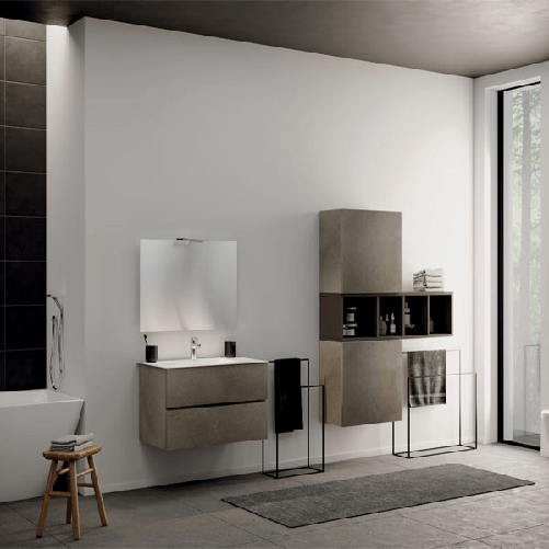 Mobile bagno moderno sospeso colore argilla. Mobili in legno rialzato completo di specchio, illuminazione LED e lavabo in ceramica.