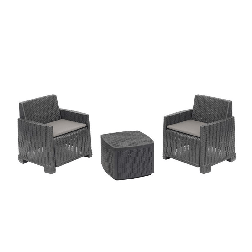 TrAdE Shop Traesio Set Salotto Esterno Con 2 Poltrone Tavolino Contenitore Effetto Rattan Cuscini Giardino - Colore Antracite