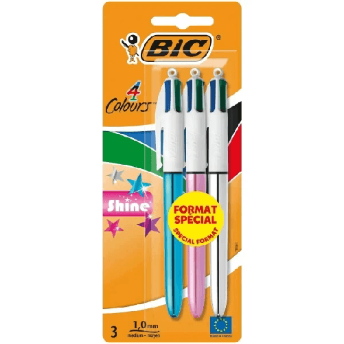 Bic 4 Colours Shine Pack de 3 Boligrafos de Bola Retractil - Punta de 1mm - Trazo de 0.4mm