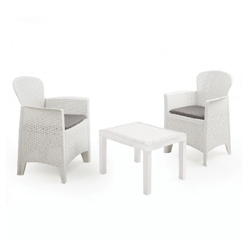 TrAdE Shop Traesio Set Salotto Con Tavolino 2 Poltrone Bianco Effetto Rattan Con Cuscini Giardino 591073 -