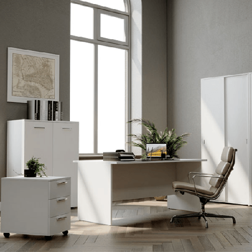 Armadio tuttopiani per ufficio con ante scorrevoli bianche. Mobile studio in legno con ripiani per archivio documenti in offerta