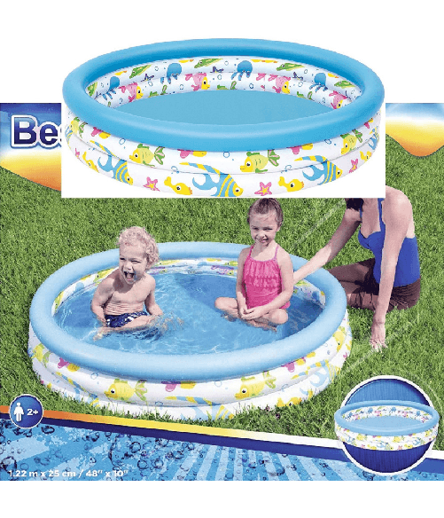 TrAdE Shop Traesio Piscina Rotonda 122cm Gonfiabile Fuoriterra Pesciolini Bambini Giardino 3 Anelli -