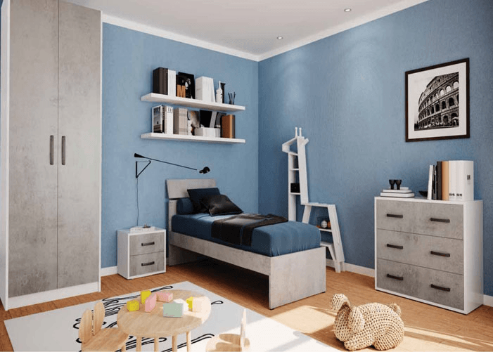 Pidema:Letto in legno una piazza per la cameretta dei bambini, letti singoli di colore cemento per le camerette dei ragazzi 200x85x98 cm.