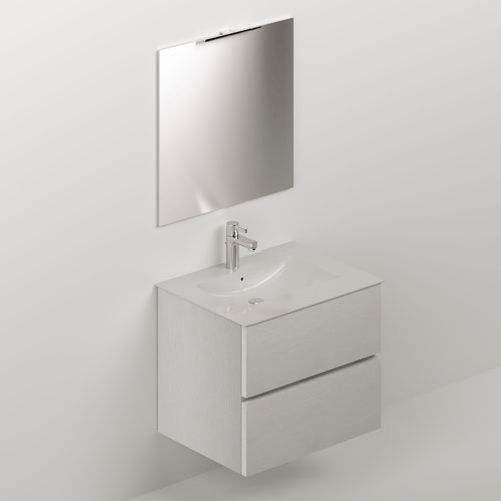 Mobile bagno moderno sospeso colore bianco. Mobili in legno rialzato completo di specchio, illuminazione LED e lavabo in ceramica.