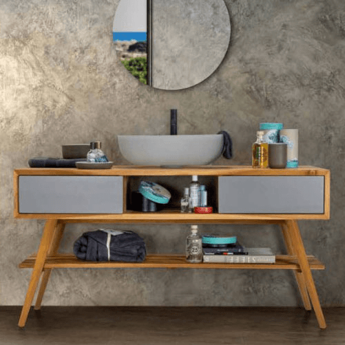 Pidema:Mobile bagno Feel Good 150 Cipì, mobili bagno consolle con gambe in legno di teak naturale e cassetti verniciati di colore grigio