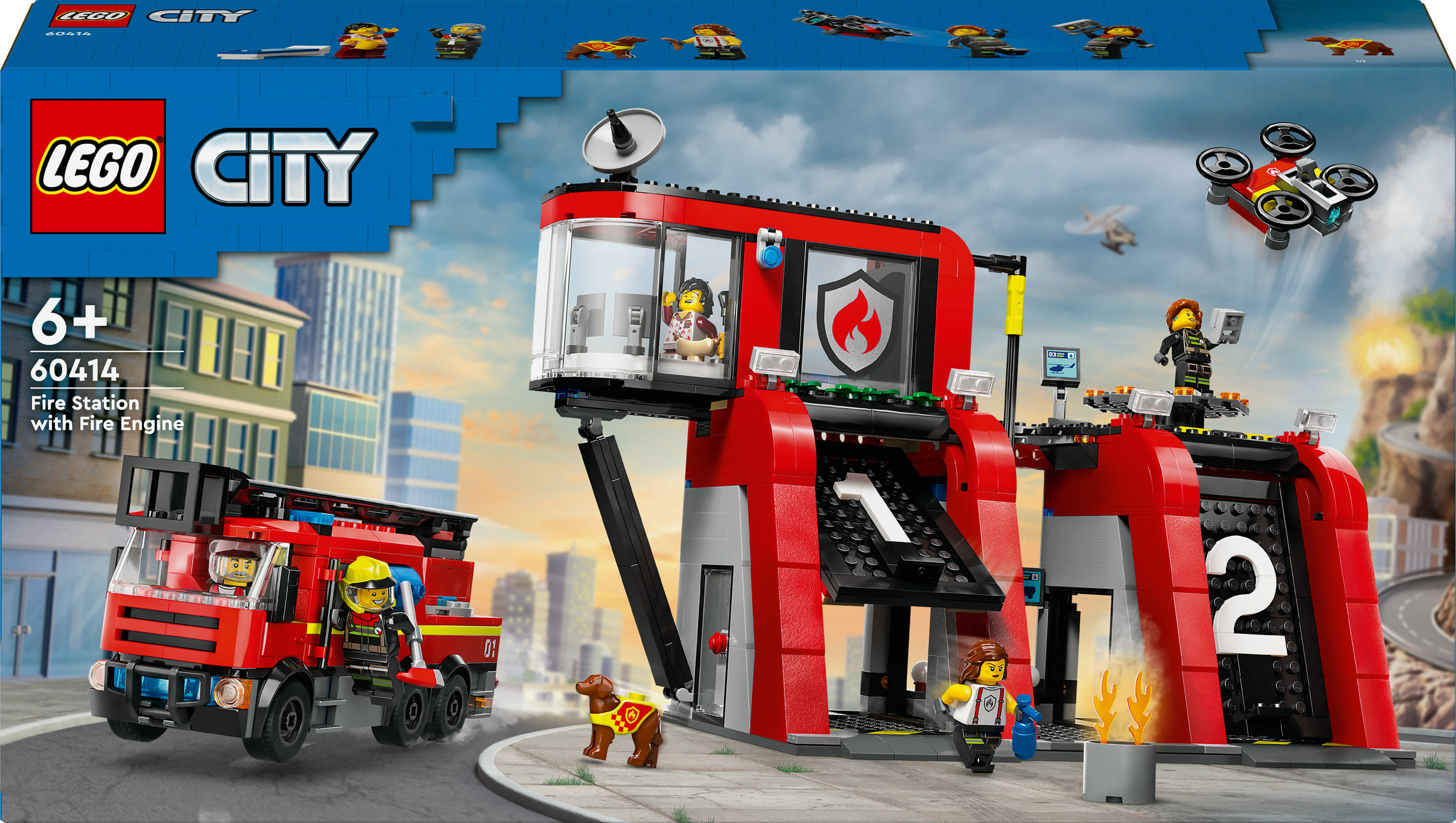 LEGO City 60414 Caserma dei Pompieri e Autopompa con Camion Giocattolo, 6 Minifigure, Cane e Accessori