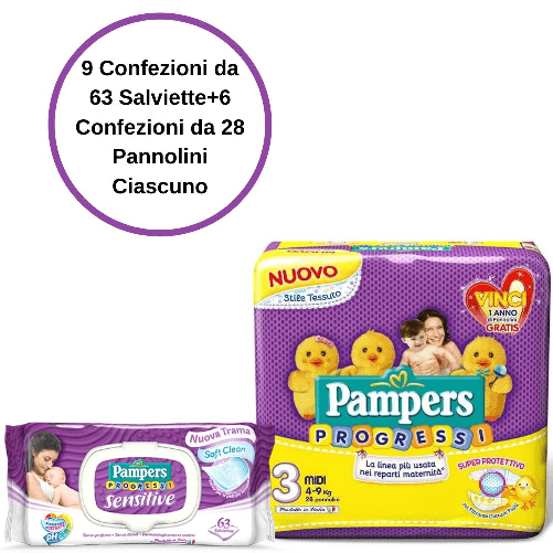 Pampers progressi pannolini 3 midi 4 confezioni + sensitive salviette