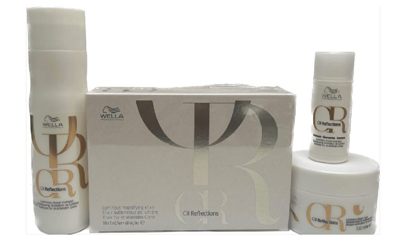 KIT WELLA OIL REFLECTIONS CON SHAMPOO 250 ML,MASCHERA 150 ML E FIALI ELISIR DI LUMINOSITA' 10X 6ML