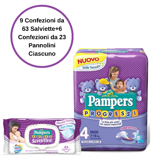 Pampers progressi pannolini 4 maxi 6 confezioni + sensitive salviette