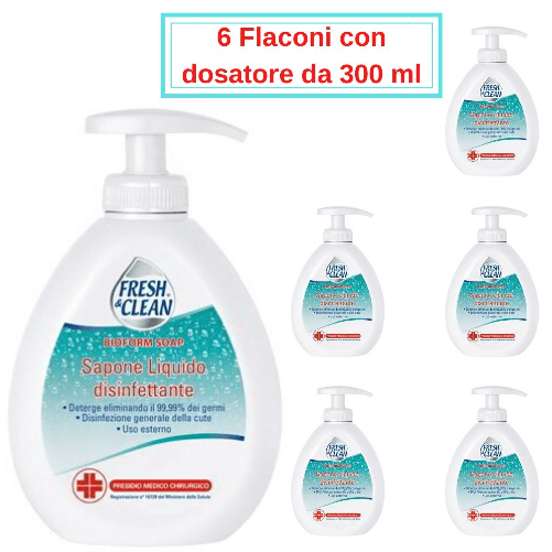 Fresh&clean sapone liquido disinfettante 6 flaconi da 300 ml con dosatore