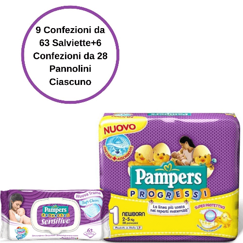 Pampers progressi pannolini 1 newborn 6 confezioni + sensitive salviette