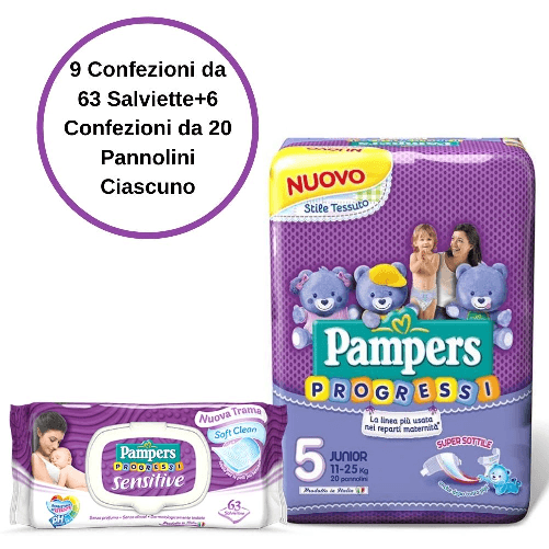 Pampers progressi pannolini 5 junior 6 confezioni + sensitive salviette